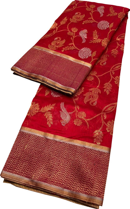 Red Pure Katan Silk Chanderi Handloom Sona Roopa Flower Design Saree - Luxurion World