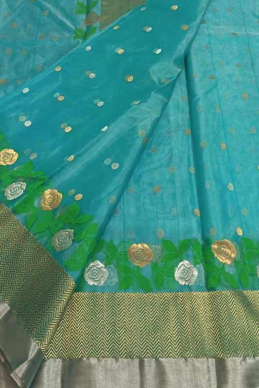 Elegant Blue Pure Katan Silk Chanderi Handloom Flower Design Saree - Luxurion World