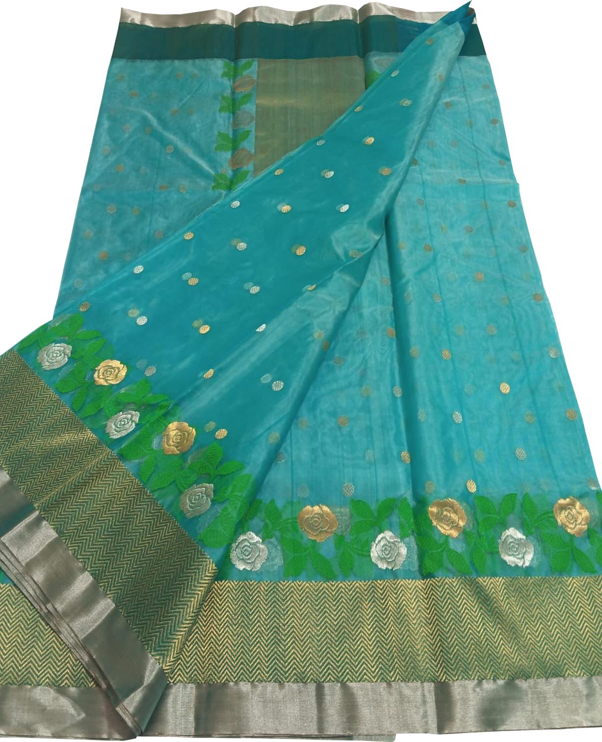 Elegant Blue Pure Katan Silk Chanderi Handloom Flower Design Saree - Luxurion World