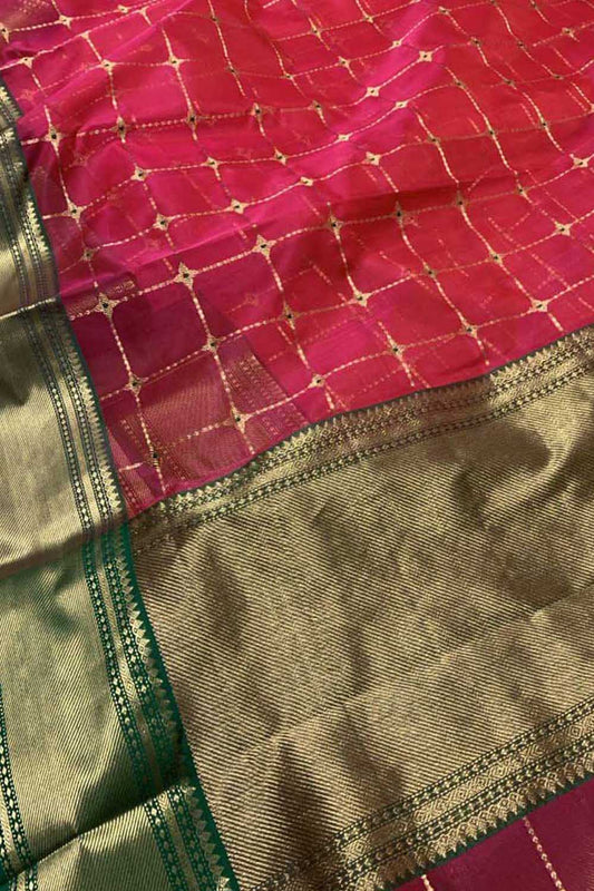 Pretty in Pink: Pure Katan Silk Chanderi Handloom Checks Design Saree - Luxurion World