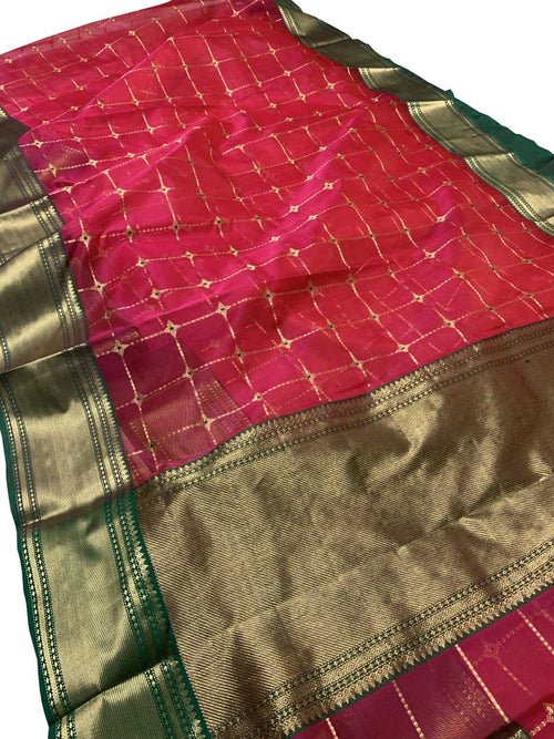 Pretty in Pink: Pure Katan Silk Chanderi Handloom Checks Design Saree - Luxurion World