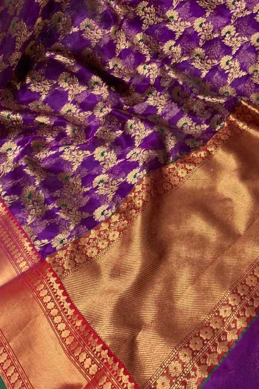 Exquisite Purple Pure Katan Silk Chanderi Handloom Meenakari Saree - Luxurion World