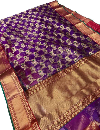 Exquisite Purple Pure Katan Silk Chanderi Handloom Meenakari Saree - Luxurion World