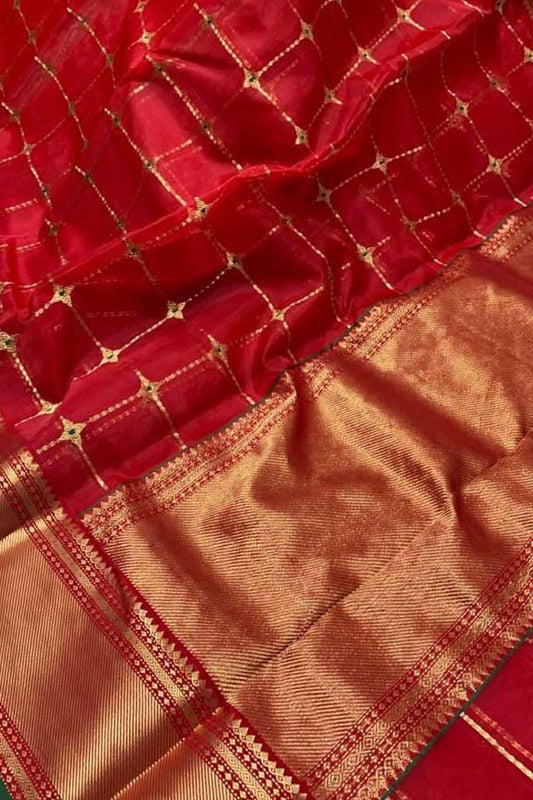 Red Pure Katan Silk Chanderi Handloom Checks Design Saree - Luxurion World