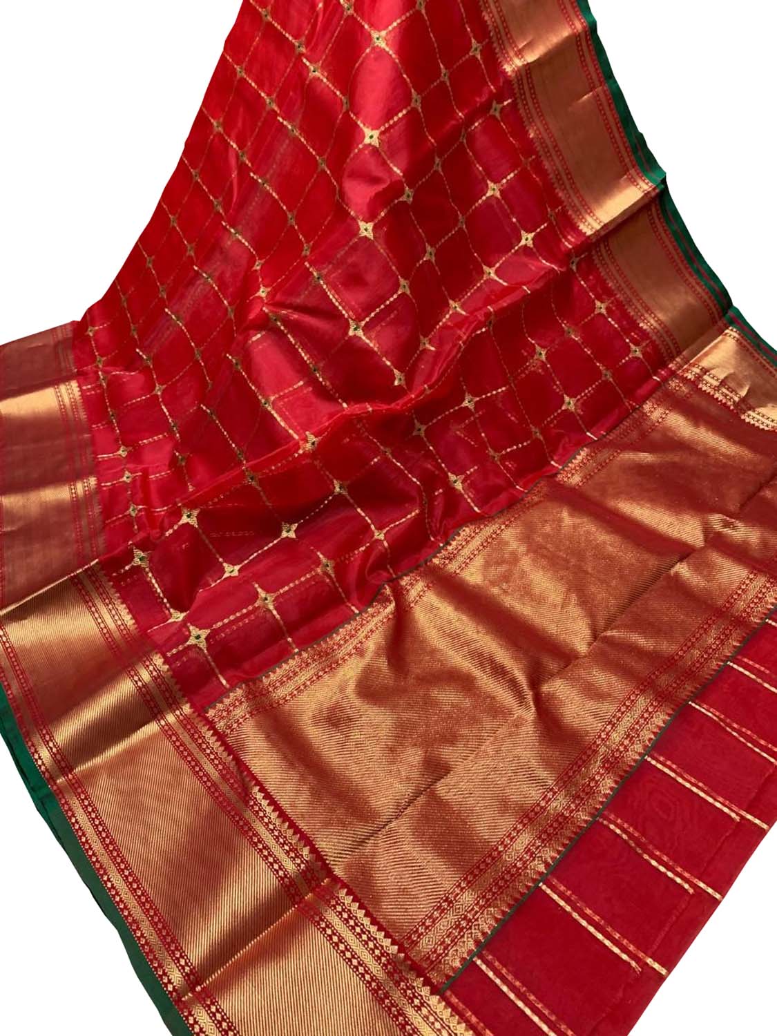 Red Pure Katan Silk Chanderi Handloom Checks Design Saree - Luxurion World
