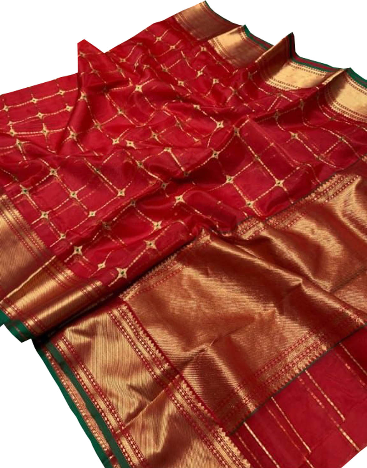 Red Pure Katan Silk Chanderi Handloom Checks Design Saree - Luxurion World