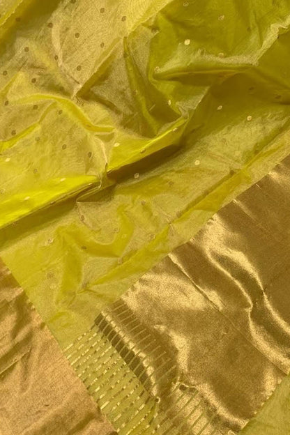 Yellow Pure Katan Silk Chanderi Handloom Booti Design Saree - Luxurion World