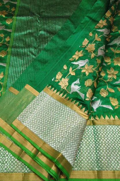 Green Chanderi Handloom Pure Silk Flower And Animal Design Saree - Luxurion World