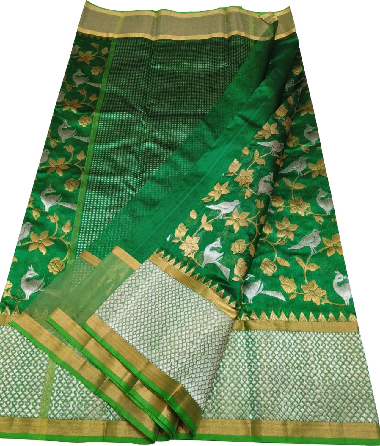 Green Chanderi Handloom Pure Silk Flower And Animal Design Saree - Luxurion World