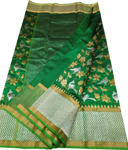Green Chanderi Handloom Pure Silk Flower And Animal Design Saree - Luxurion World