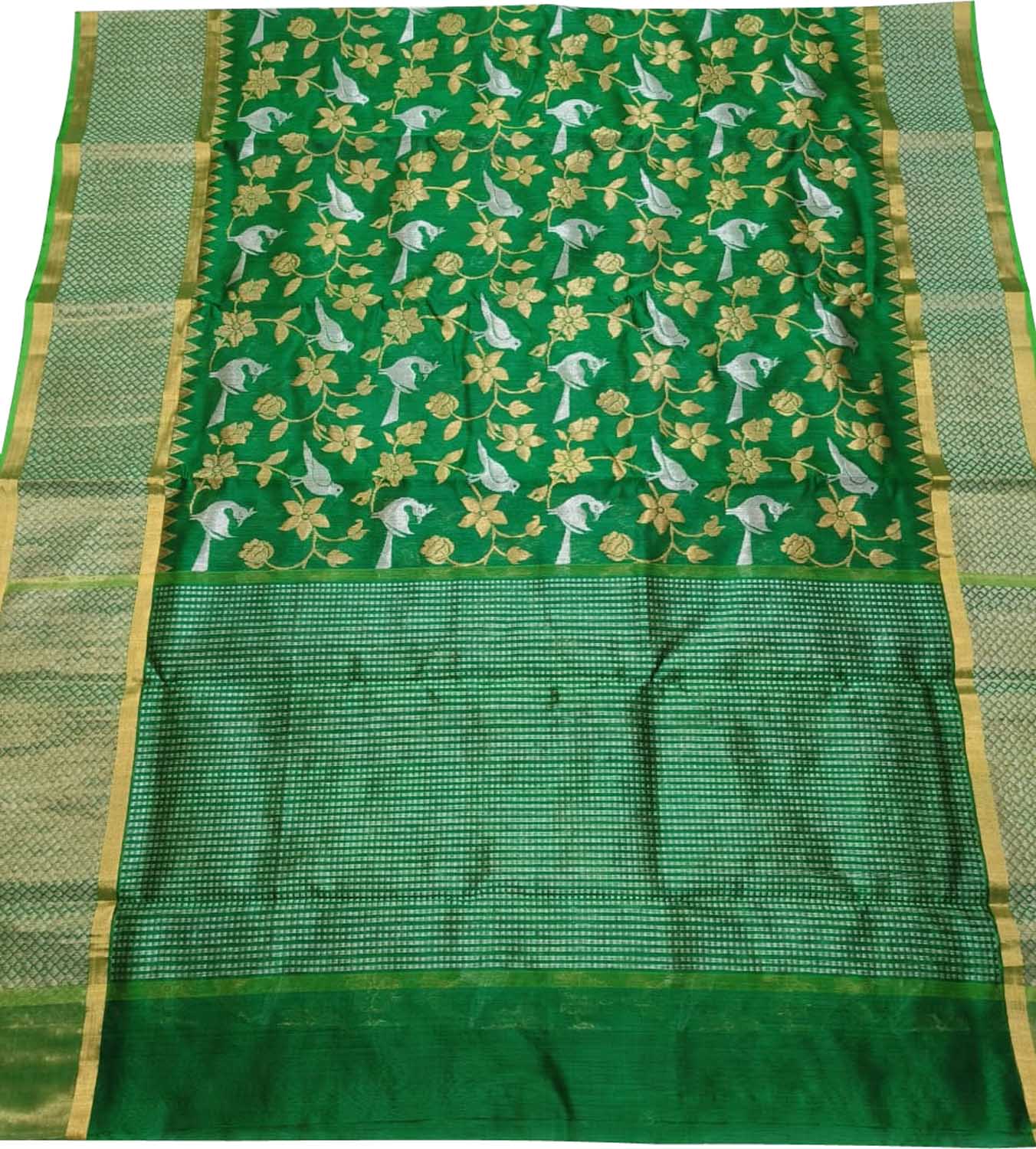Green Chanderi Handloom Pure Silk Flower And Animal Design Saree - Luxurion World