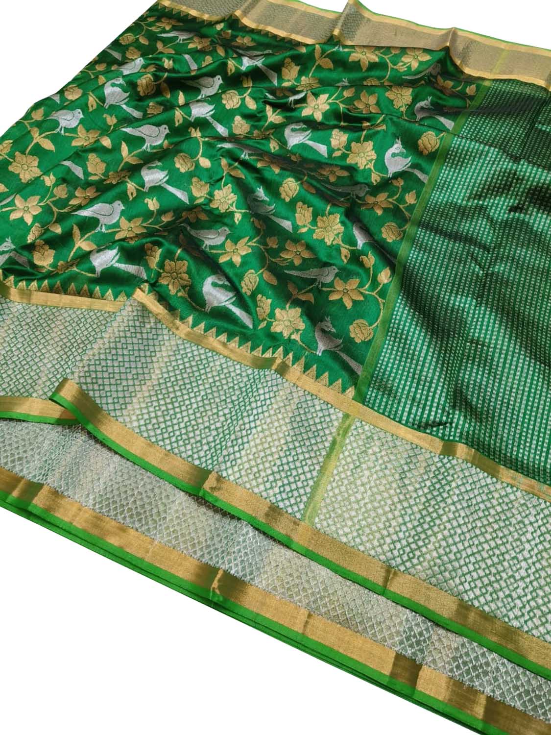 Green Chanderi Handloom Pure Silk Flower And Animal Design Saree - Luxurion World