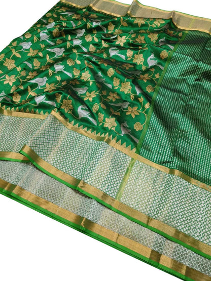 Green Chanderi Handloom Pure Silk Flower And Animal Design Saree - Luxurion World
