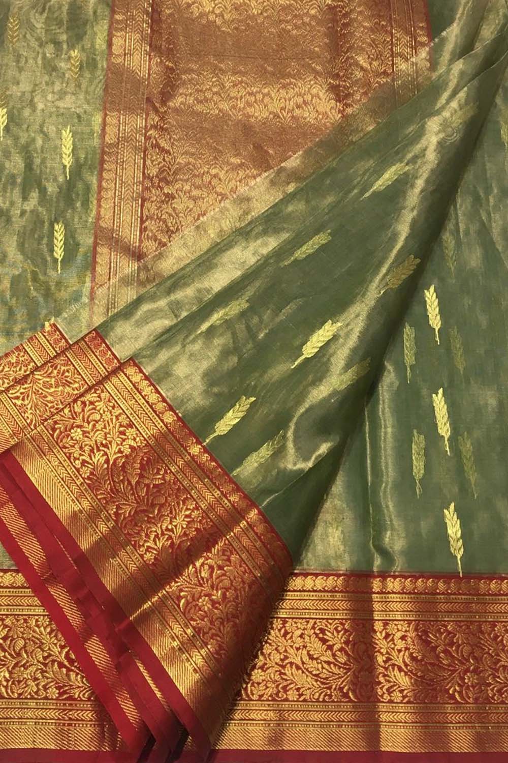 Green Chanderi Handloom Tissue Katan Silk Saree - Luxurion World