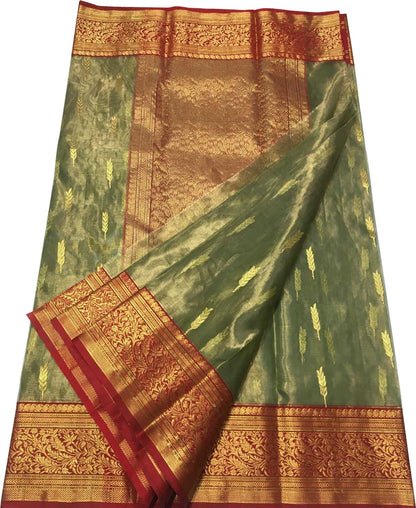 Green Chanderi Handloom Tissue Katan Silk Saree - Luxurion World