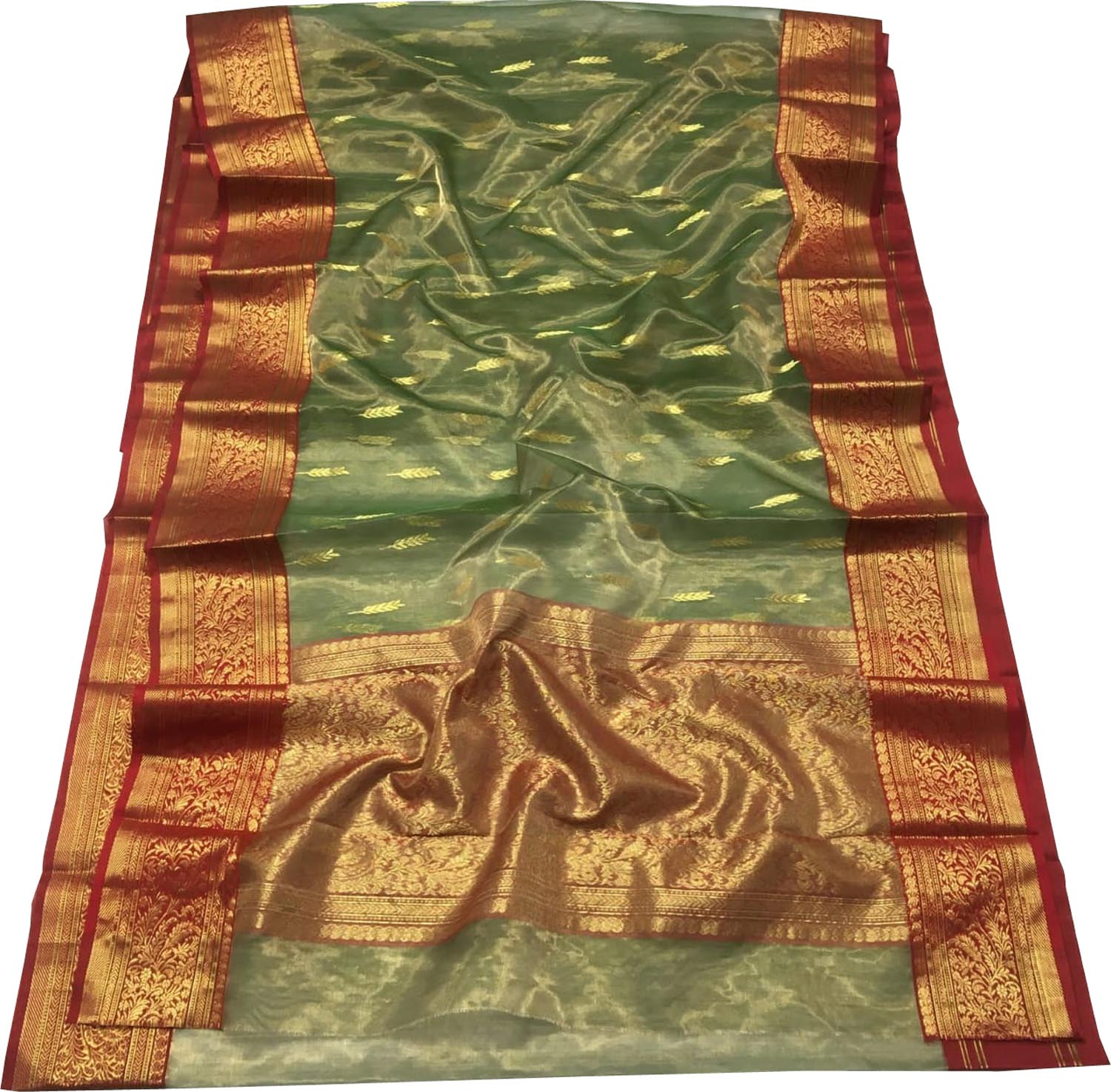 Green Chanderi Handloom Tissue Katan Silk Saree - Luxurion World