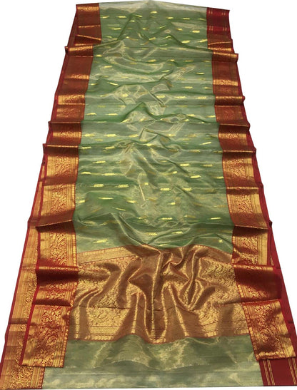 Green Chanderi Handloom Tissue Katan Silk Saree - Luxurion World