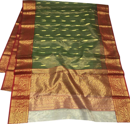 Green Chanderi Handloom Tissue Katan Silk Saree - Luxurion World