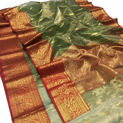 Green Chanderi Handloom Tissue Katan Silk Saree - Luxurion World