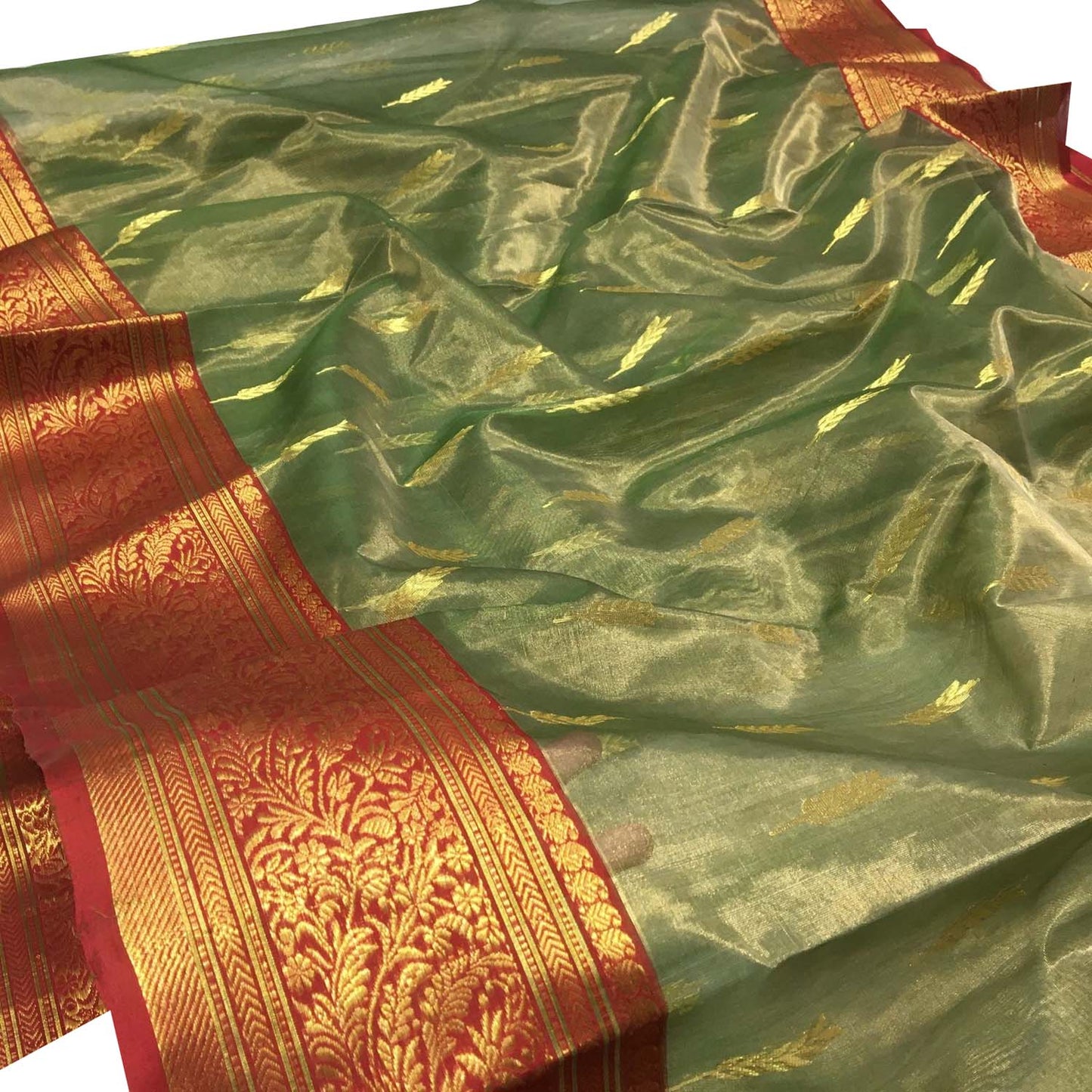 Green Chanderi Handloom Tissue Katan Silk Saree - Luxurion World