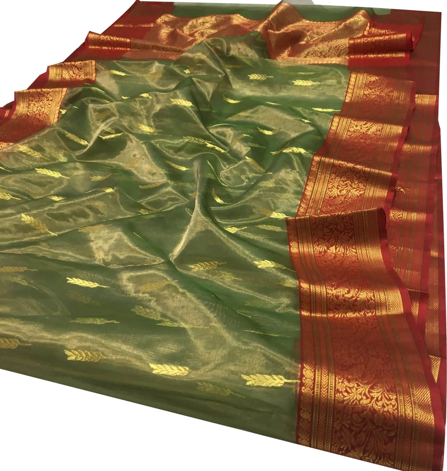 Green Chanderi Handloom Tissue Katan Silk Saree - Luxurion World
