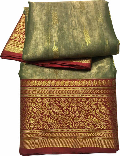 Green Chanderi Handloom Tissue Katan Silk Saree - Luxurion World
