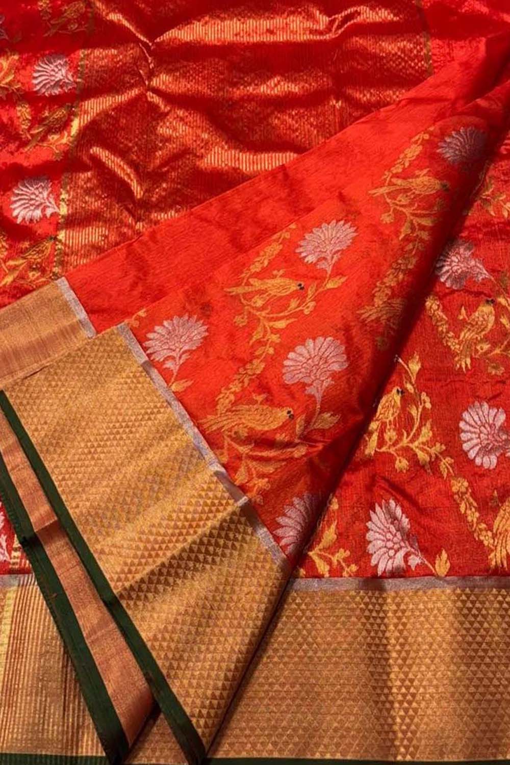 Orange Chanderi Handloom Pure Silk Bird And Flower Design Saree - Luxurion World