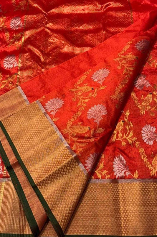 Orange Chanderi Handloom Pure Silk Bird And Flower Design Saree - Luxurion World