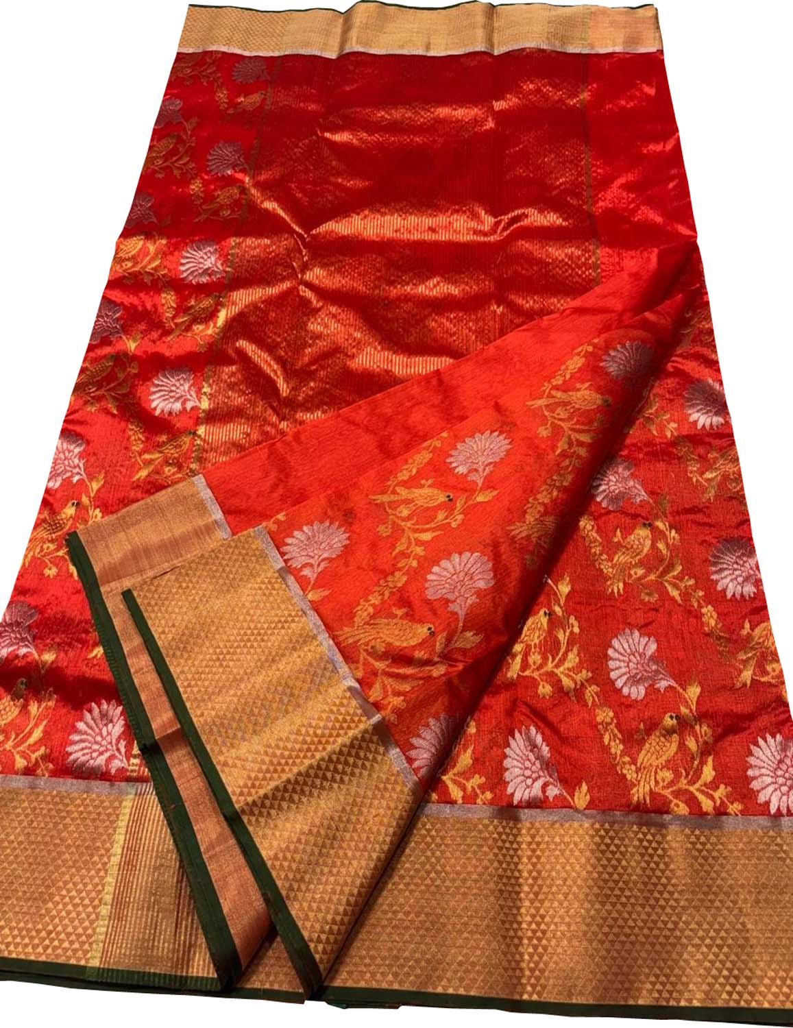 Orange Chanderi Handloom Pure Silk Bird And Flower Design Saree - Luxurion World