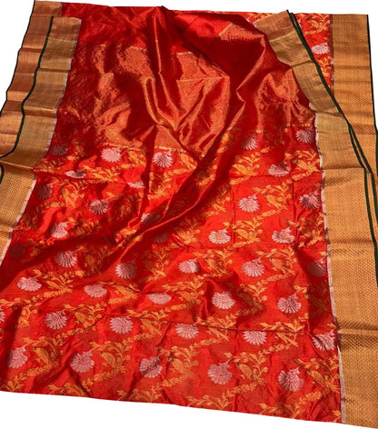 Orange Chanderi Handloom Pure Silk Bird And Flower Design Saree - Luxurion World
