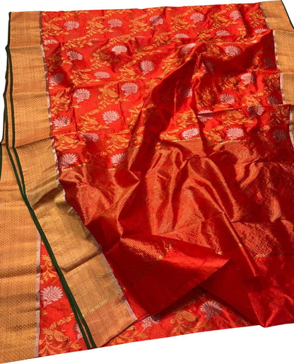 Orange Chanderi Handloom Pure Silk Bird And Flower Design Saree - Luxurion World