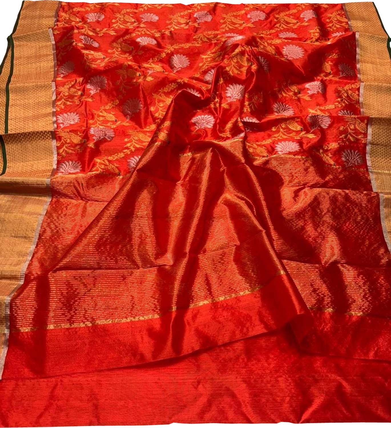 Orange Chanderi Handloom Pure Silk Bird And Flower Design Saree - Luxurion World