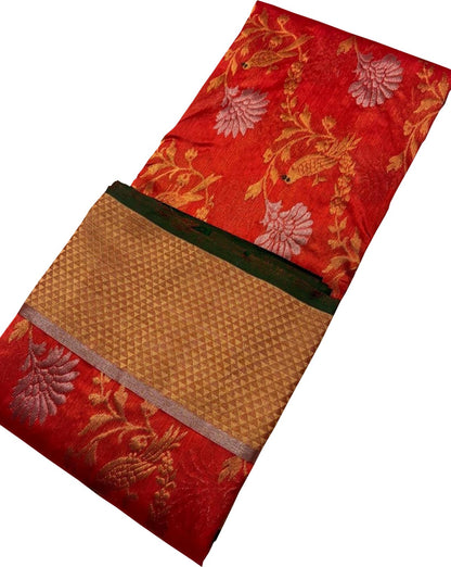 Orange Chanderi Handloom Pure Silk Bird And Flower Design Saree - Luxurion World