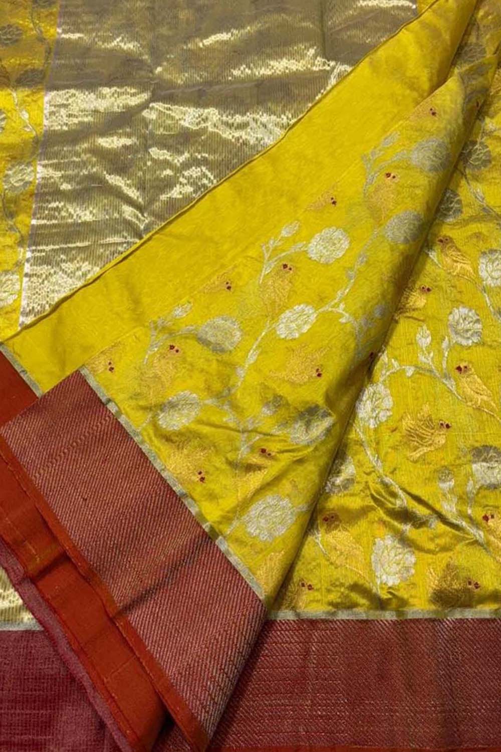 Yellow Chanderi Handloom Pure Silk Flower Design Saree - Luxurion World