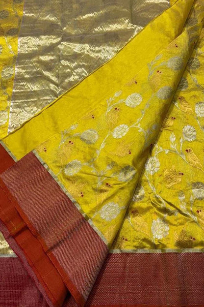 Yellow Chanderi Handloom Pure Silk Flower Design Saree - Luxurion World