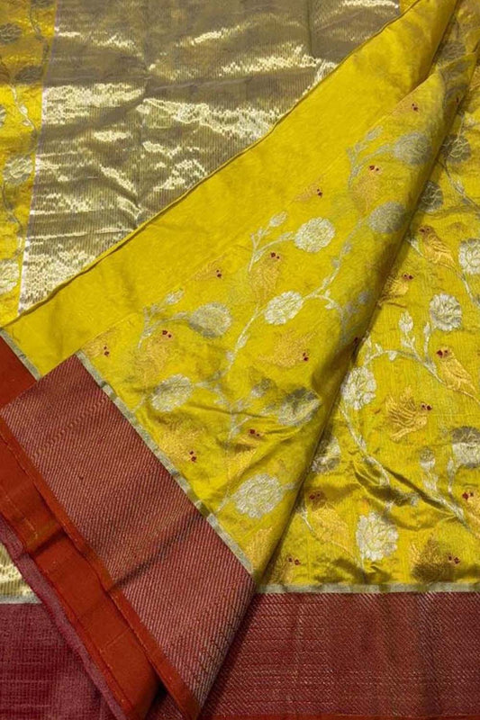 Yellow Chanderi Handloom Pure Silk Flower Design Saree - Luxurion World