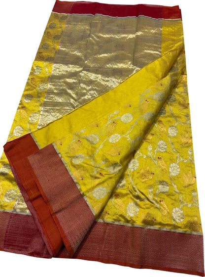 Yellow Chanderi Handloom Pure Silk Flower Design Saree - Luxurion World
