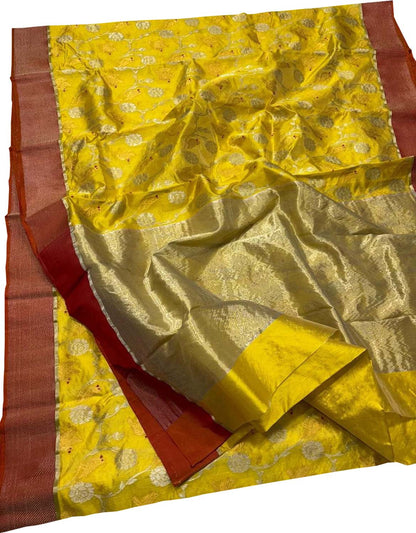 Yellow Chanderi Handloom Pure Silk Flower Design Saree - Luxurion World