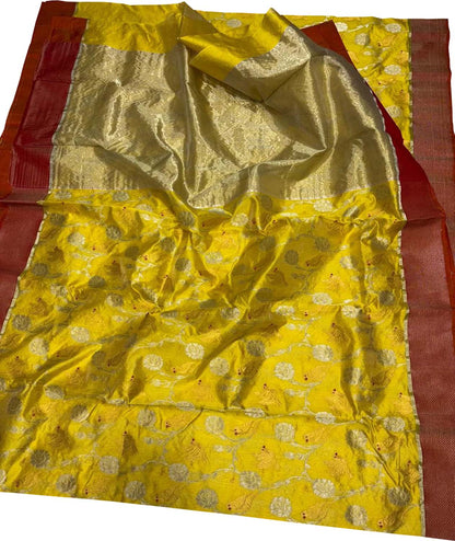 Yellow Chanderi Handloom Pure Silk Flower Design Saree - Luxurion World