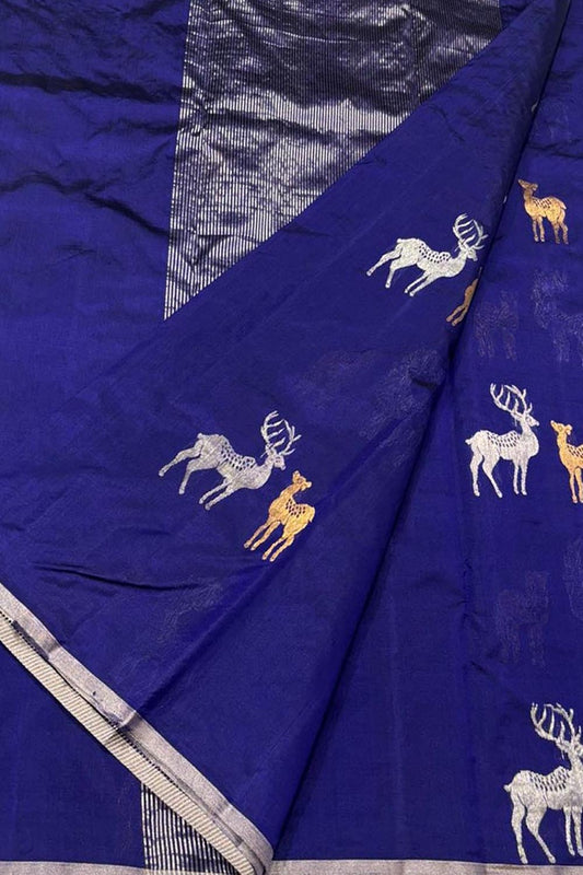 Blue Chanderi Handloom Pure Silk Deer Design Saree - Luxurion World