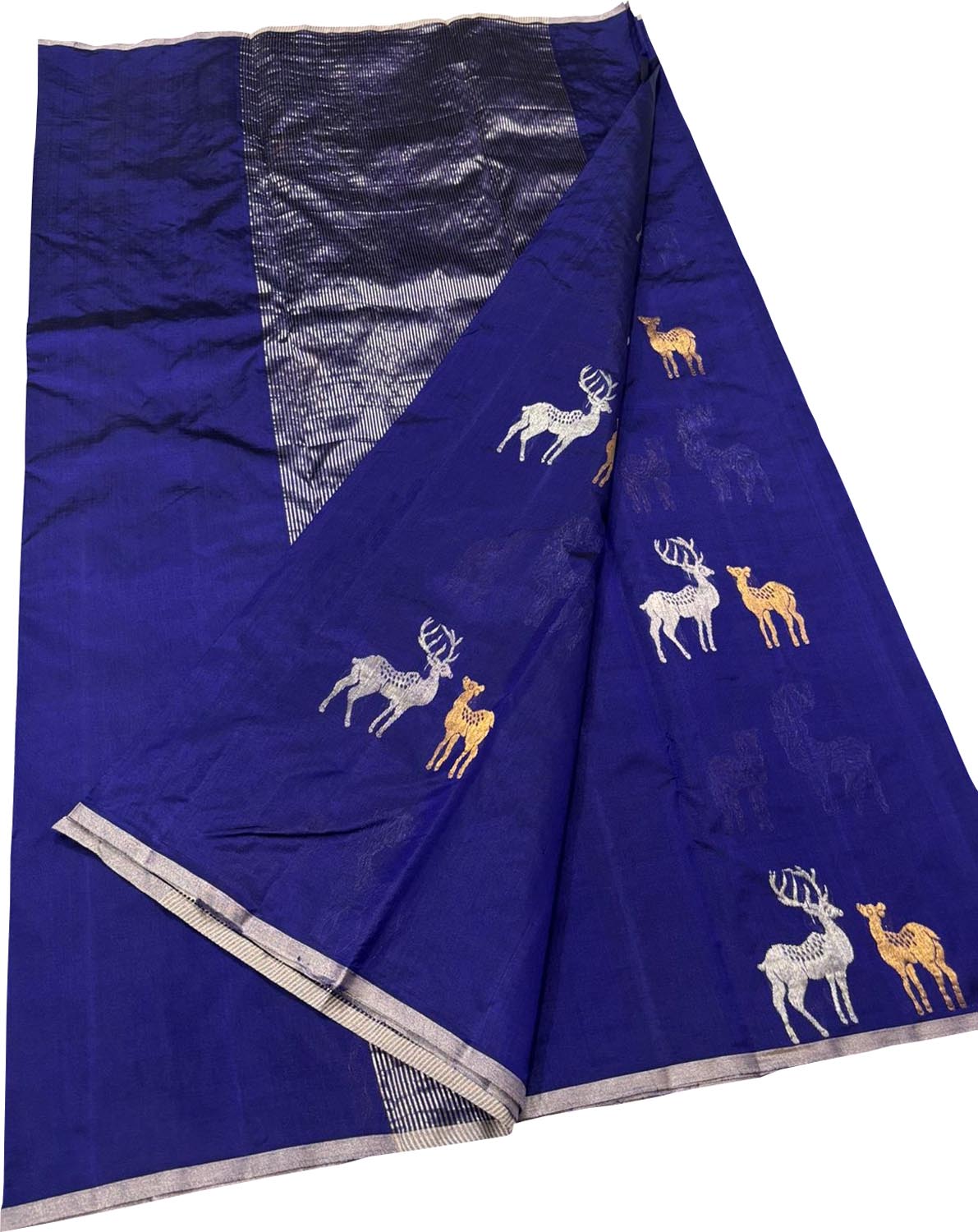 Blue Chanderi Handloom Pure Silk Deer Design Saree - Luxurion World