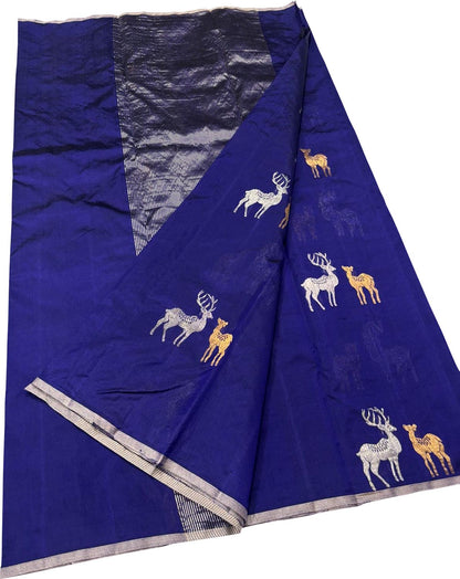 Blue Chanderi Handloom Pure Silk Deer Design Saree - Luxurion World