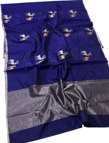 Blue Chanderi Handloom Pure Silk Deer Design Saree - Luxurion World