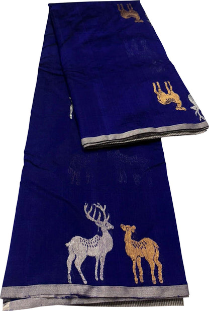 Blue Chanderi Handloom Pure Silk Deer Design Saree - Luxurion World