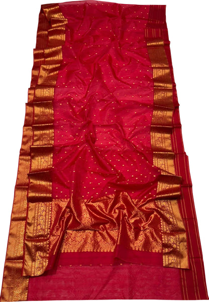 Red Chanderi Handloom Pure Katan Silk Booti Design Saree - Luxurion World
