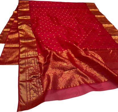 Red Chanderi Handloom Pure Katan Silk Booti Design Saree - Luxurion World
