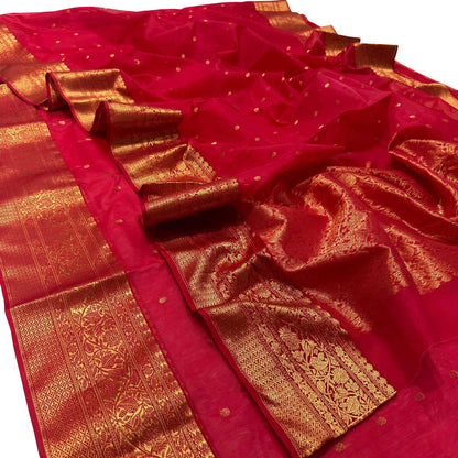 Red Chanderi Handloom Pure Katan Silk Booti Design Saree - Luxurion World