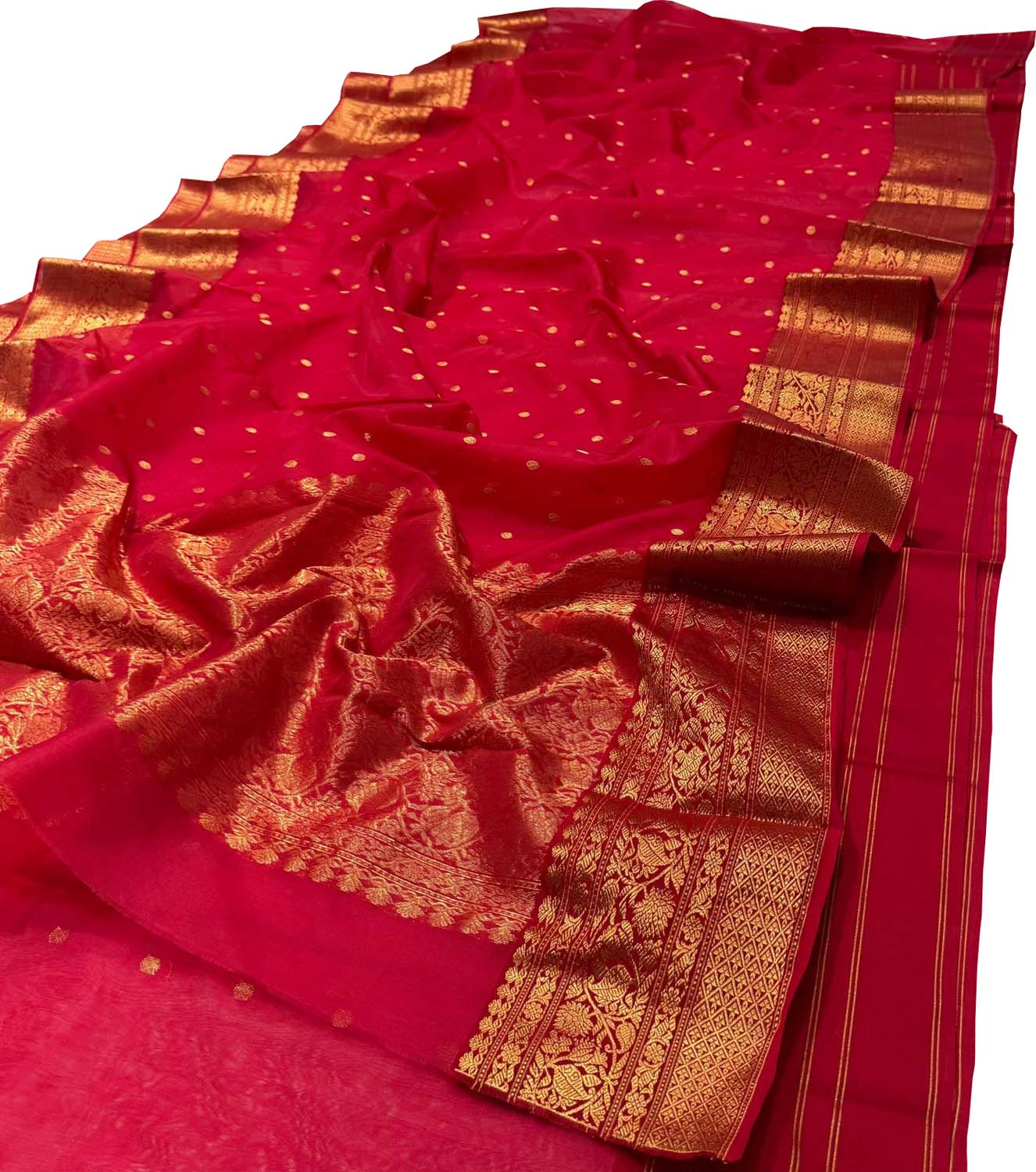 Red Chanderi Handloom Pure Katan Silk Booti Design Saree - Luxurion World