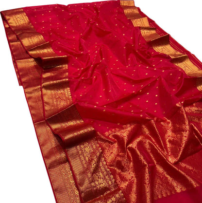 Red Chanderi Handloom Pure Katan Silk Booti Design Saree - Luxurion World