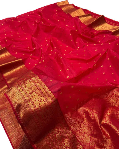 Red Chanderi Handloom Pure Katan Silk Booti Design Saree - Luxurion World